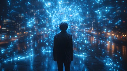 Fototapeta premium A man stands in front of a cityscape with a blue sky. The city is lit up with lights and the man is looking up at the sky. Scene is one of wonder and awe