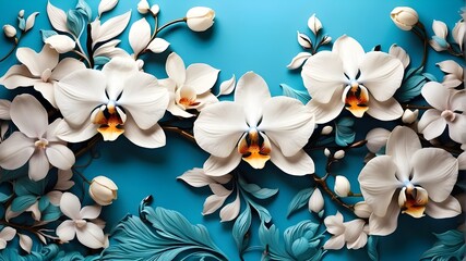 Beautiful turquoise floral background with a white blue orchid