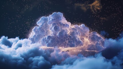 A cloud surrounded by numerous stars fills the night sky.