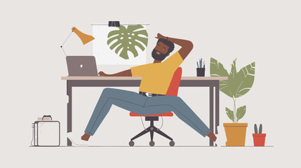 Black Male Employee Stretches and Relaxes During Work Break, Enjoying Exercise and Sport Activities at Office, Workplace Wellness Concept, Vector Illustration