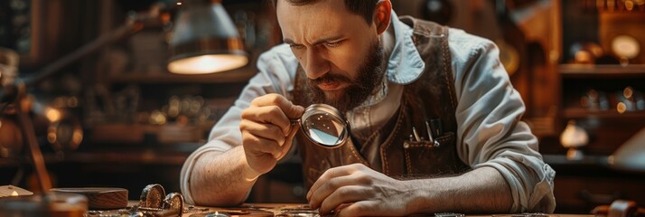 A goldsmith closely inspects a finished piece of jewelry using a magnifying glass in a commercial photography setting
