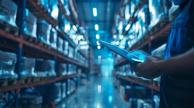futuristic warehouse management system with worker holding tablet blurred background digital concept