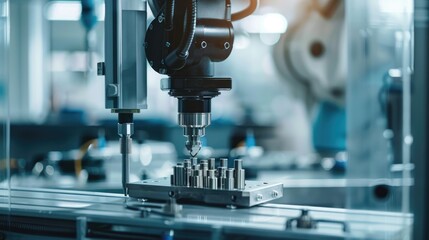 Fototapeta premium Precision Robotics in Action: Close-up of Robotic Arm Assembling Product with Advanced Technology