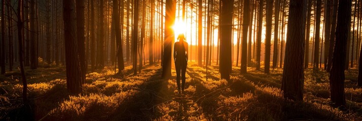 A person standing among tall trees in a forest with the setting sun casting long shadows