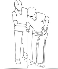 Linear drawing of a sick person. Caring for a sick person