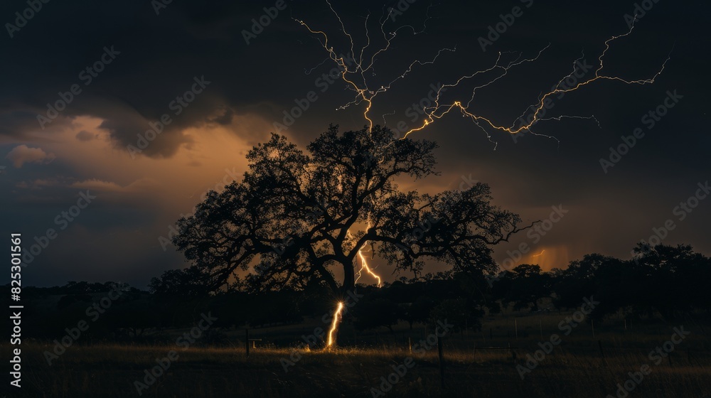 Wall mural Lightning strike over a tree in a field during a storm - Wall murals