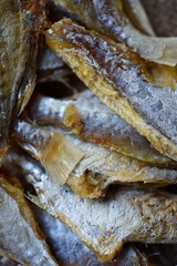 Dried fish for beer. Slices of chopped fish as an appetizer.
