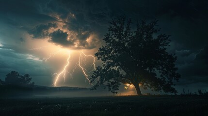 Lightning strike over a tree in a field during a storm
