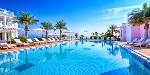 Swimmign pool of a luxury hotel and resort, sun loungers and palms, clear water.