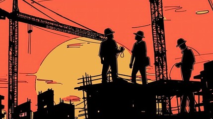 Silhouetted Construction Workers With Helmets Overlooking Building Framework And Tower Cranes Against Large Orange Sunset On Jobsite
