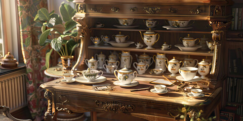 British Tea Party Hostess's Desk: A lovely desk in a cozy sitting room, with an array of delicate tea cups, saucers, and spoons