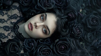 Serene Gothic Woman Resting on Bed of Black Roses