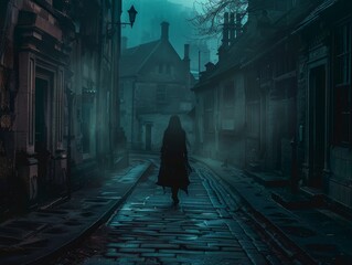 Mysterious Goth Woman Strolling Through Abandoned Street at Dusk