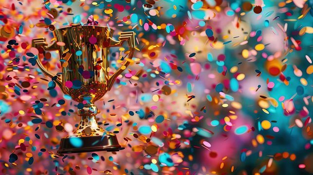 gleaming gold trophy cup amidst colorful confetti explosion victorious celebration concept illustration