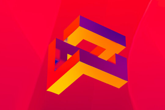 Red background with purple and yellow geometric design