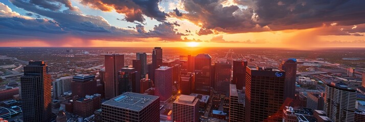 Sun setting over a large city skyline with bustling economic activity and urban development