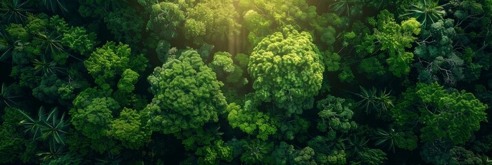 View looking down at dense forest canopy with sunlight filtering through trees