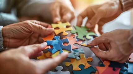 Family Bonding Time: Close-up of Hands Assembling Jigsaw Puzzle in Cozy Living Room