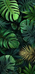 Tropical foliage background with lush, vibrant green monstera and palm leaves, creating an exotic jungle vibe. Perfect for nature-themed designs