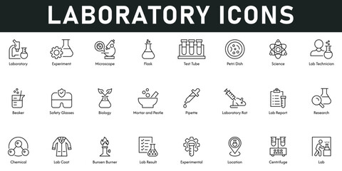 Laboratory Icons vector illustration with thin line editable stroke containing experiment, microscope, flask, science, test tube, biology, report, research, chemical, lab, beaker, technician, burner