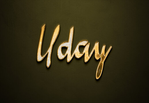 Old gold text effect of Hindi name Uday with 3D glossy style Mockup.