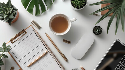 work essentials tablet, pens, and planner on desk, illustrating remote work solution on white background as concept for working from home