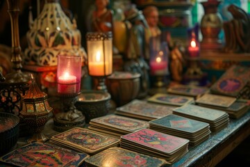 Magical ambiance with glowing candles and tarot cards spread on an antique table at a clairvoyant's booth