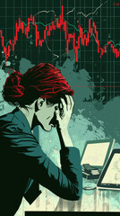 Businesswoman in Distress as Falling Stock Market Graph Triggers Panic and Financial Loss During Economic Crisis