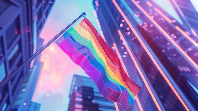 A holographic pride flag flutters in a futuristic cityscape, featuring vibrant hues and modern architecture. - Powered by Adobe