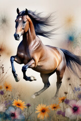 Beautiful horse galloping on wildflowers field in motion blur.