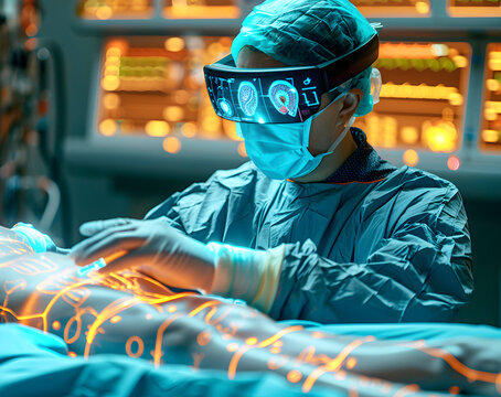 Doctor using AR glasses, performs a complex operation. 3D model of the patient's internal organs is displayed on his glasses
