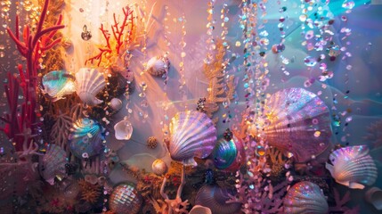Magical seashell and coral underwater scene for fantasy or summer themed designs