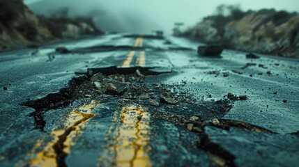 a close up of a road that has been destroyed by natural disaster
