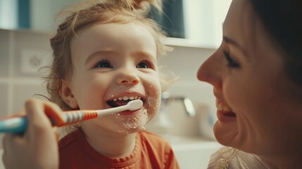 A mother is brushing her daughter's teeth for the first time