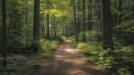 Fototapeta premium Forest bathing, serene natural settings with lush greenery, peaceful and rejuvenating, soft light.