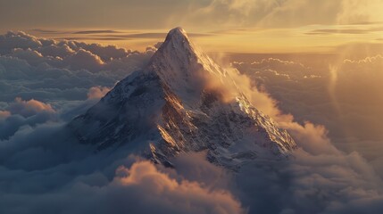 Majestic snow-capped mountain peak above the clouds at sunrise