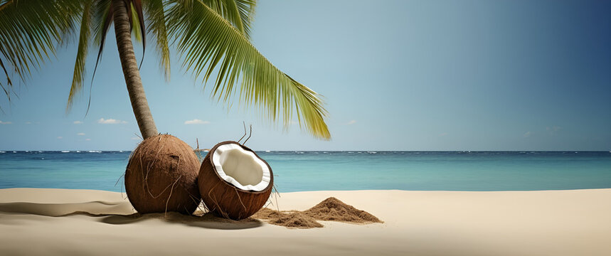 Playa des&eacute;rtica con cocos de un cocotero en una imagen alargada con arena blanca y arena fina, sombra de palmera. en vacaciones.