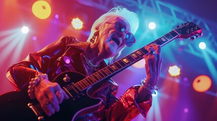 Obraz premium grandma rocking out on electric guitar on stage dynamic senior lifestyle concept digital illustration