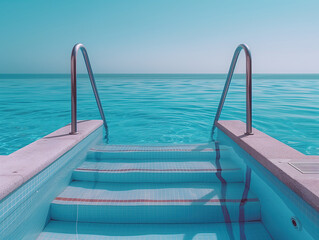 Photo of pool with stairs leading to the ocean, pastel blue water, realistic, surreal