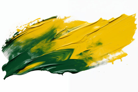 An abstract dark green and yellow acrylic oil paint brush stroke isolated on transparent background