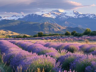 Serene Lavender Field with Majestic Snow-Capped Mountains in the Distance