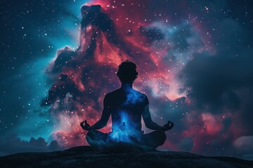 A person is meditating in the middle of a starry sky