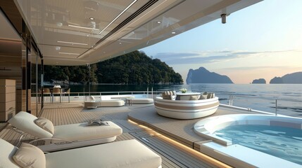 Fototapeta premium A white couch is placed on top of a boat positioned next to a hot tub.