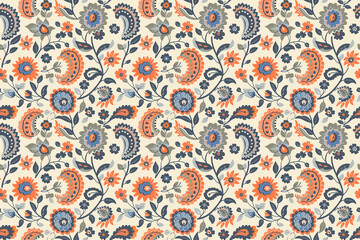 Fototapeta premium Folk floral seamless pattern with vibrant colors and intricate details, creating a traditional and decorative design, perfect for textile and craft backgrounds