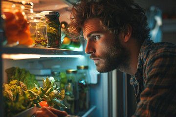 A hungry man looking inside his refrigerator