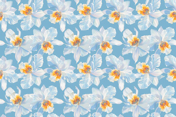 Pastel blue and white flower seamless pattern with yellow centers on a light blue background, creating a soft and fresh design, ideal for spring and floral backgrounds
