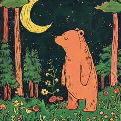 A cute cartoon bear standing in the forest under moonlight, surrounded by trees and wildflowers, illustrated in the style of bold lines and flat colors