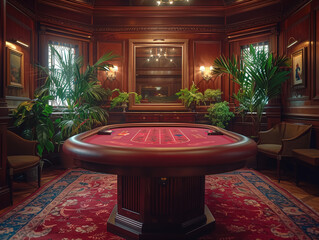 An old money style casino room with mahogany wood paneling, plants and carpeted floor. A red roulette table in the center of picture. The background features plants and warm lighting.