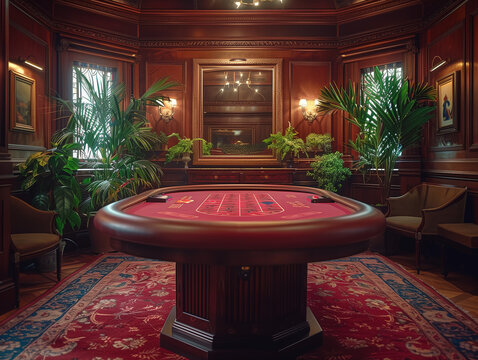 An old money style casino room with mahogany wood paneling, plants and carpeted floor. A red roulette table in the center of picture. The background features plants and warm lighting.