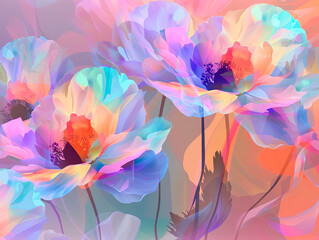 Red poppy flowers on pink background. beautiful and mysterious poppy, patterns in classic colors, vibrant, elegant, mystical background, light mist, detailed